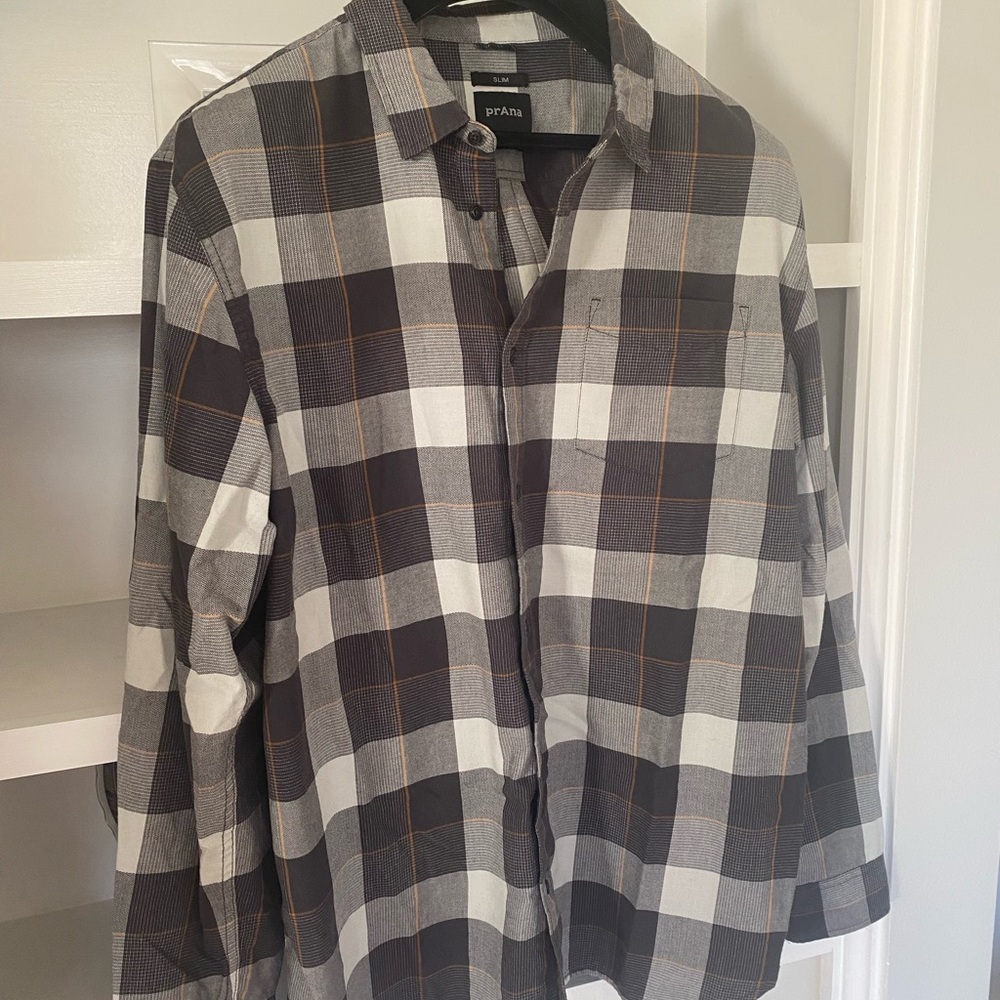 Prana Men's Black and White Plaid Button Down Shirt